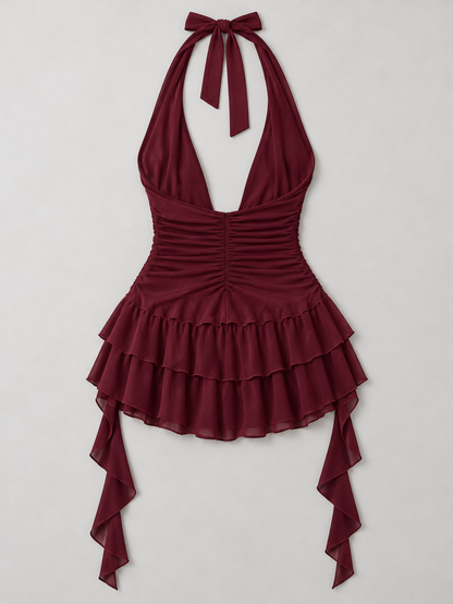 Halter Ruffle Tie Mini Dress - Burgundy - product view 2