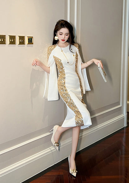 White and Gold Shawl-Style Formal Dress