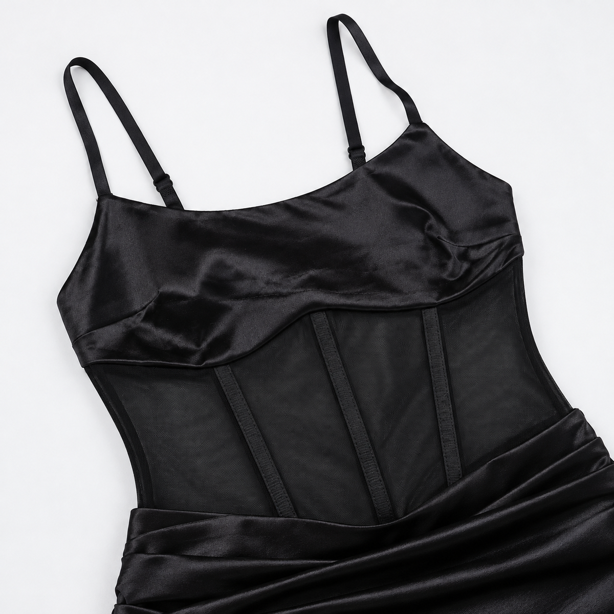 Satin Mesh Corset Slit Maxi Dress - Black - product view 3