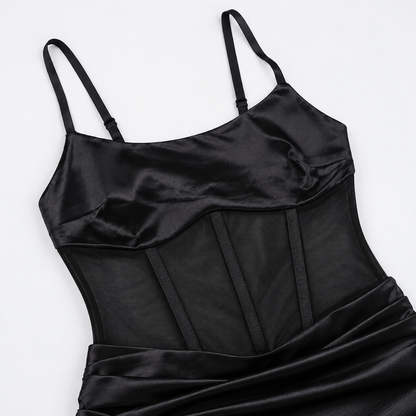 Satin Mesh Corset Slit Maxi Dress - Black - product view 3