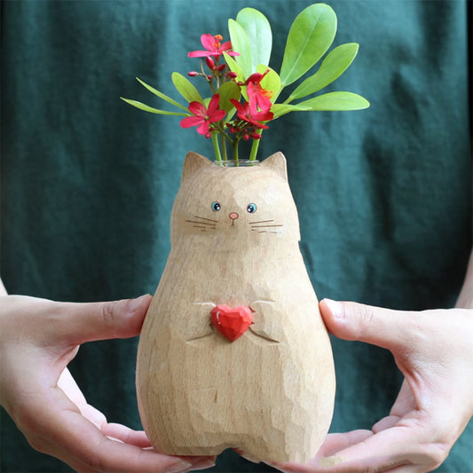Wooden Heart and Cat Decorative Vase