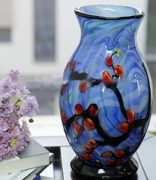 Blue Swirl Glass Vase with Floral Detail
