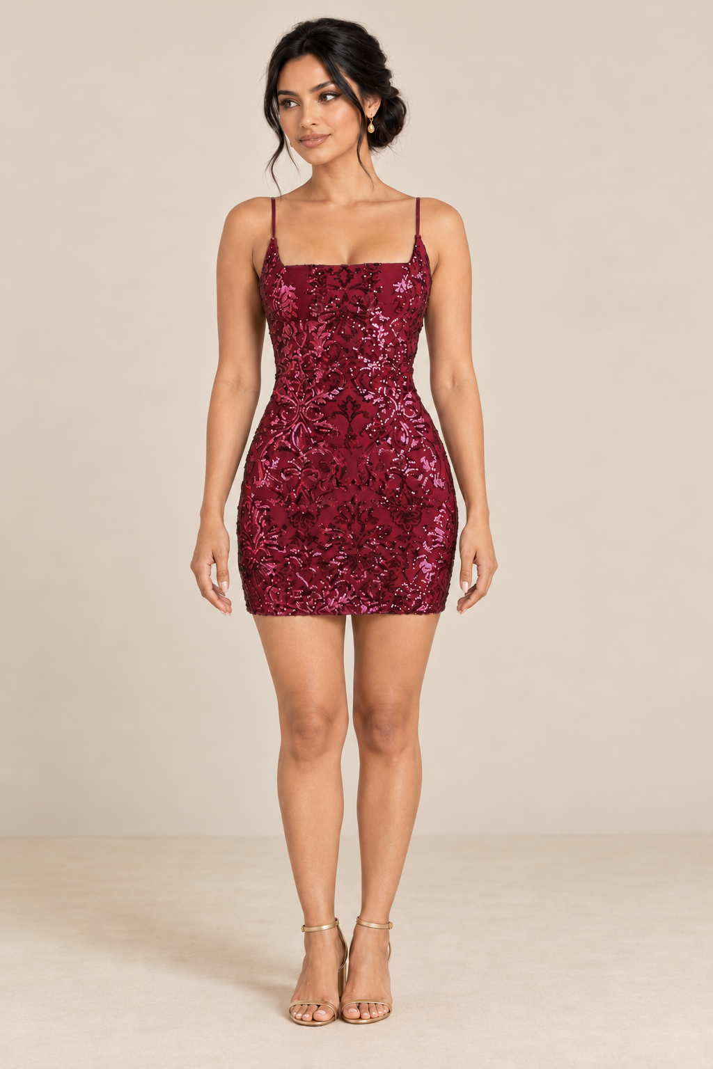 Floral Sequin Square-Neck Mini Dress - Burgundy - product view 3