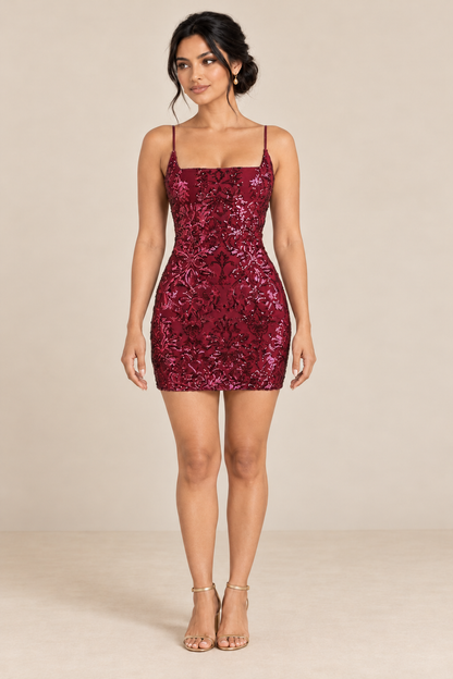 Floral Sequin Square-Neck Mini Dress - Burgundy - product view 3