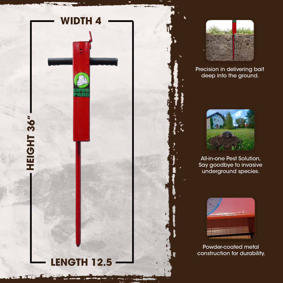 Rugged Ranch MGP1 Home Professional Powder Coated Metal Prod Poison Pest Mole Control and Gopher Bait Tool with Solid