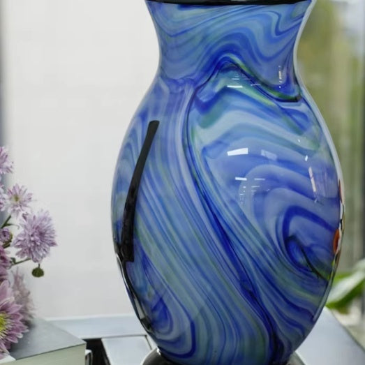 Blue Swirl Glass Vase with Floral Detail