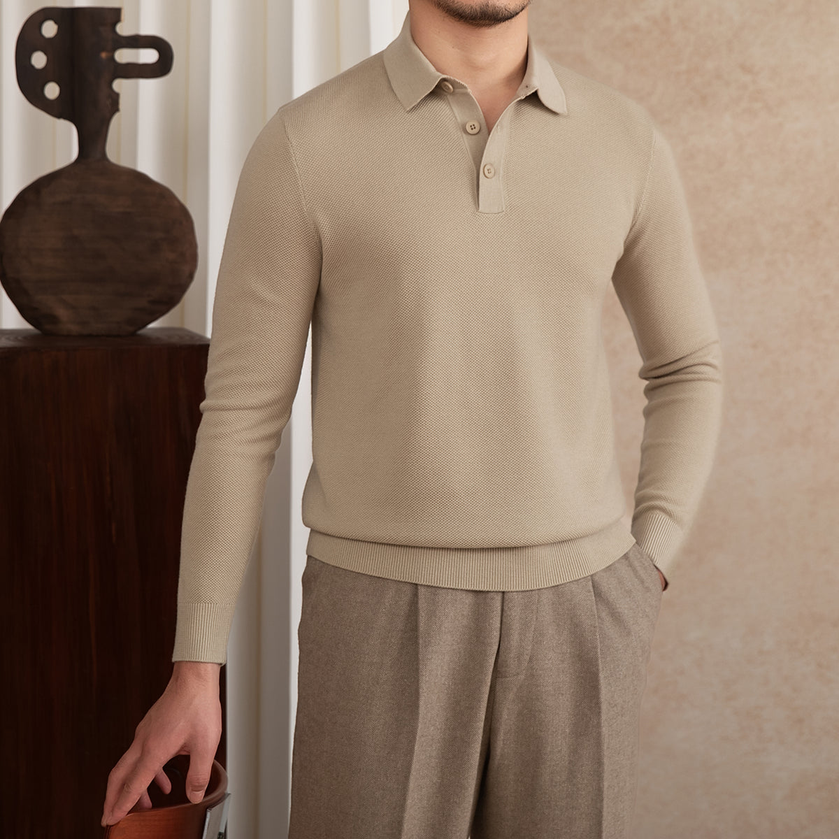 Men's Long-Sleeve Knit Polo Shirt