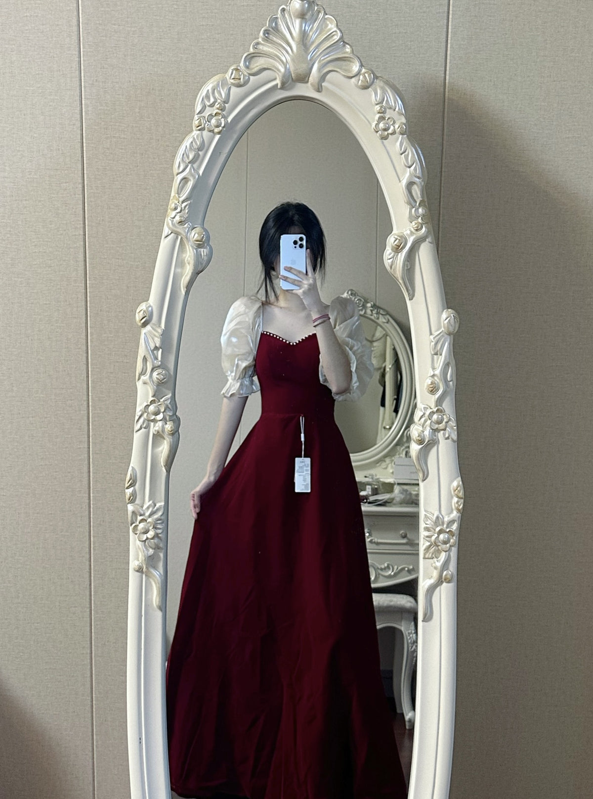 Wine Red Puff-Sleeve Evening Dress
