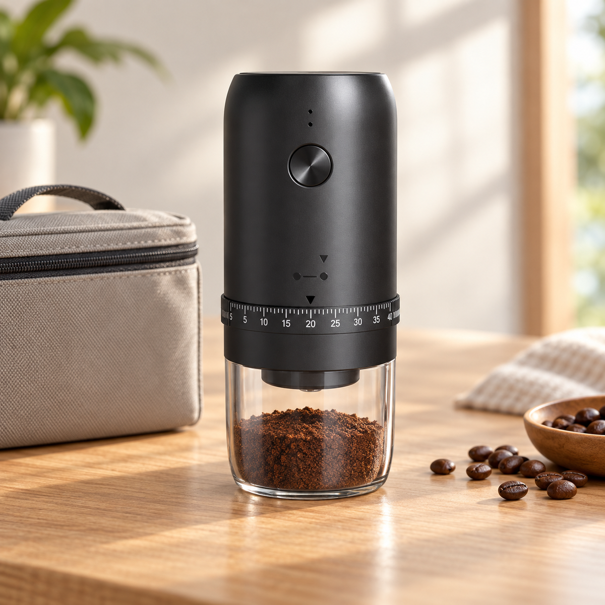 Black DJ-2AW Rechargeable Coffee Grinder with Adjustable Grind - lifestyle view