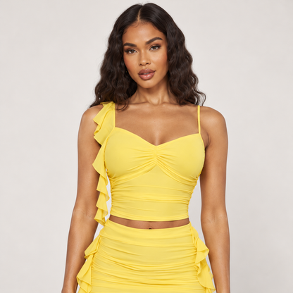 Ruched Top and Side-Ruffle Mini Skirt Set - Yellow - product view 2