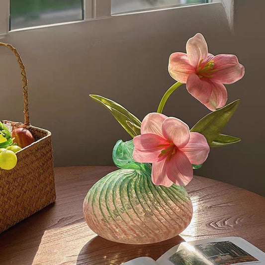 Pink and Green Ruffled Glass Vase