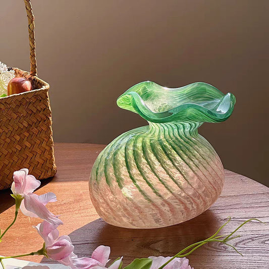Pink and Green Ruffled Glass Vase