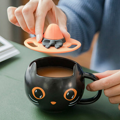 Black Cat Ceramic Mug with Hat Lid