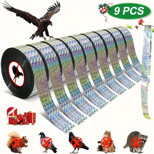Set of 9 Rolls of Reflective Tape Designed to Deter Birds, Totaling 450 Meters. This Double-Sided Tape Is Effective Against