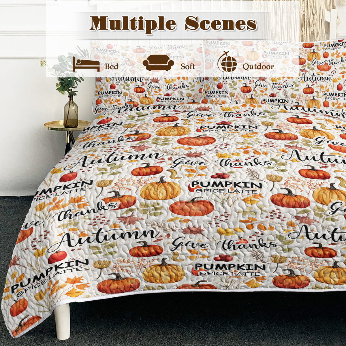 Pumpkin and Autumn Leaves Quilt Set
