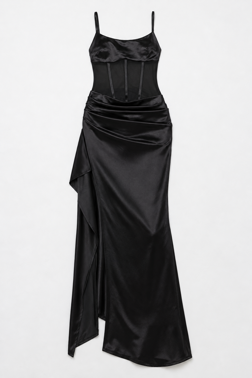 Satin Mesh Corset Slit Maxi Dress - Black - product view 1