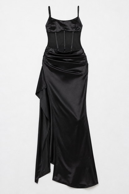 Satin Mesh Corset Slit Maxi Dress - Black - product view 1