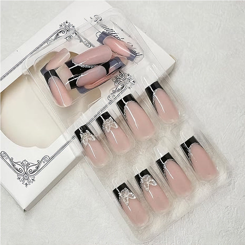 Black and Pink Butterfly Press-On Nail Set - 24 Pieces