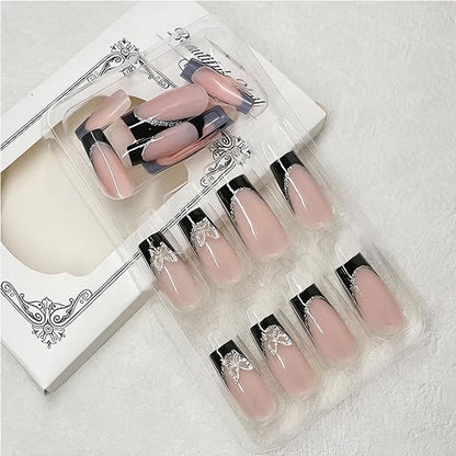 Black and Pink Butterfly Press-On Nail Set - 24 Pieces