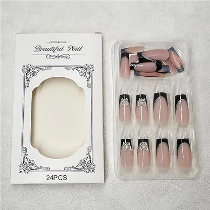 Black and Pink Butterfly Press-On Nail Set - 24 Pieces