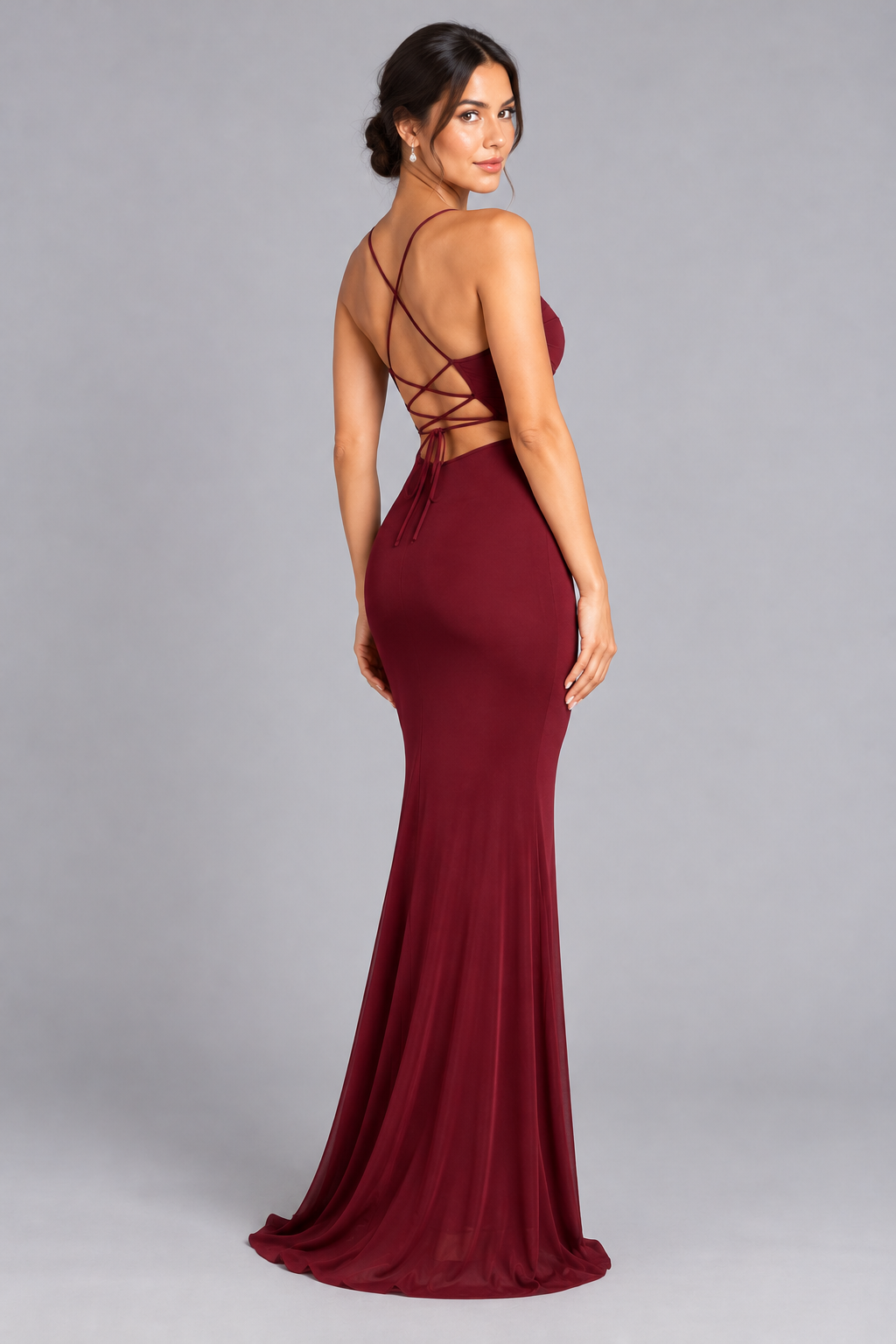 Satin Lace-Up Mermaid Maxi Dress - Burgundy - product view 2