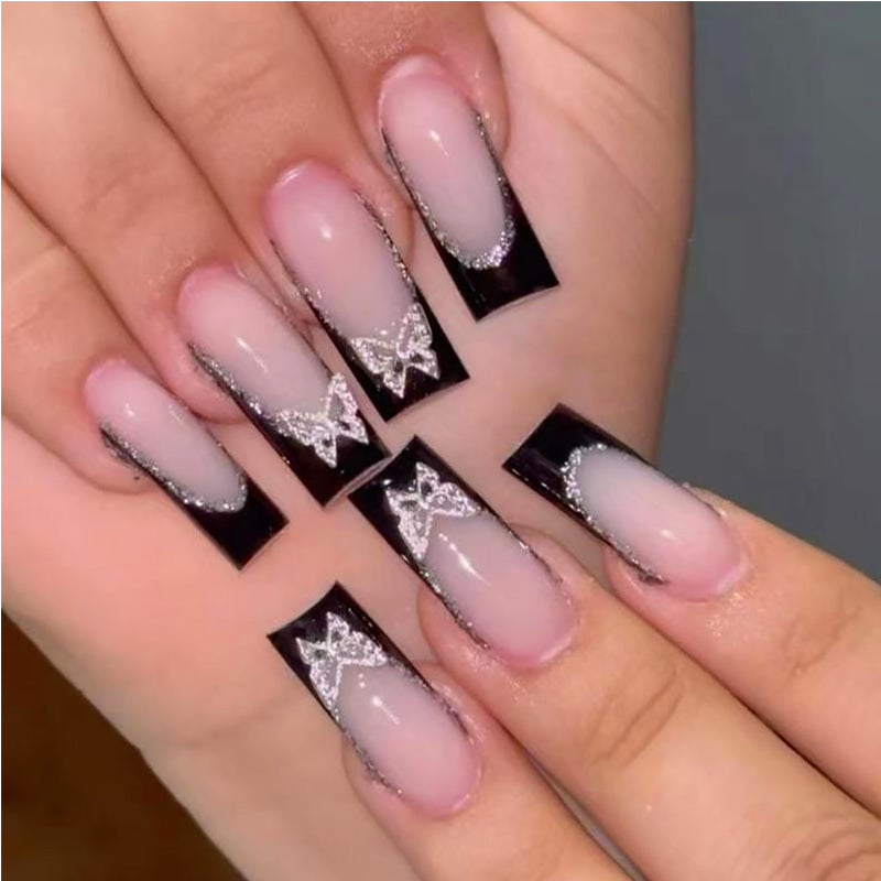 Black and Pink Butterfly Press-On Nail Set - 24 Pieces