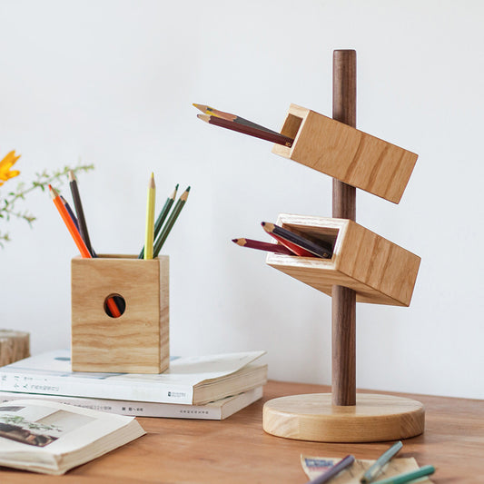 Three-Tier Wooden Pen Holder on Round Base