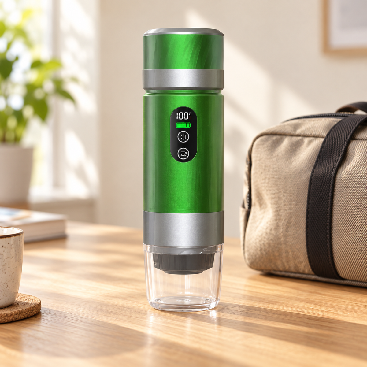 Green JN-03 Portable Coffee Maker with Removable Battery - lifestyle view