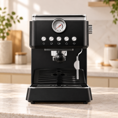 Black QF-N68L Espresso Machine with Pressure Gauge and Steam Wand - lifestyle view