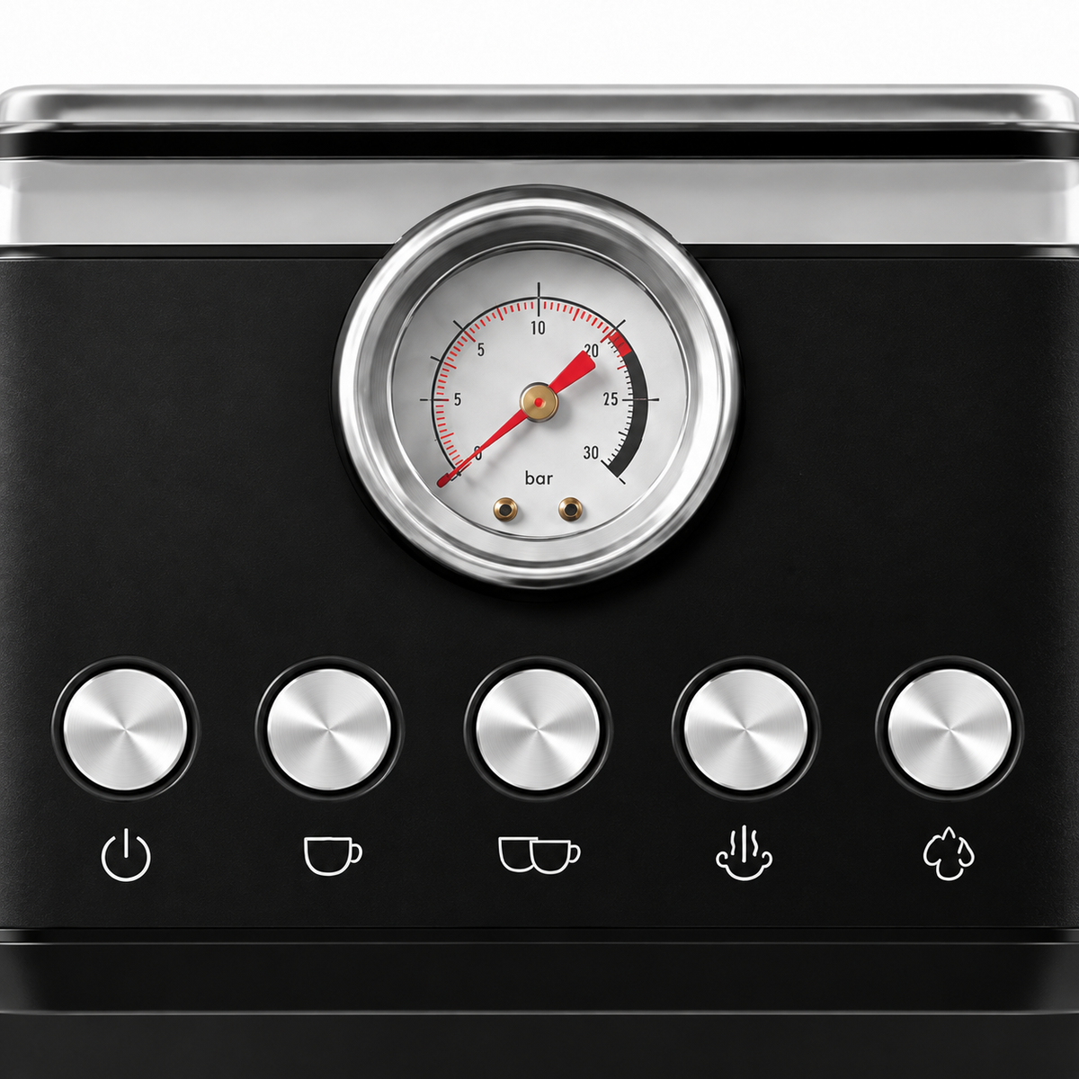 Black QF-N68L Espresso Machine with Pressure Gauge and Steam Wand - control and finish detail