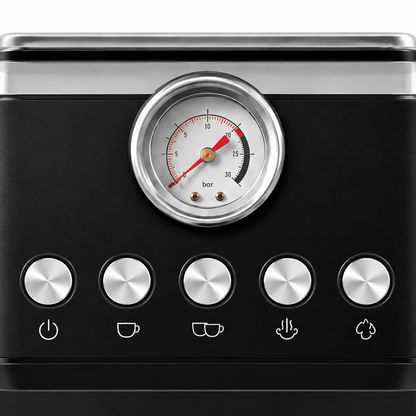 Black QF-N68L Espresso Machine with Pressure Gauge and Steam Wand - control and finish detail
