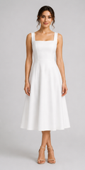 White Square-Neck Fit-and-Flare Midi Dress - White - view 1