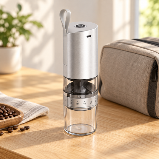 Silver YM-02 Portable Electric Coffee Grinder with Adjustable Grind - lifestyle view